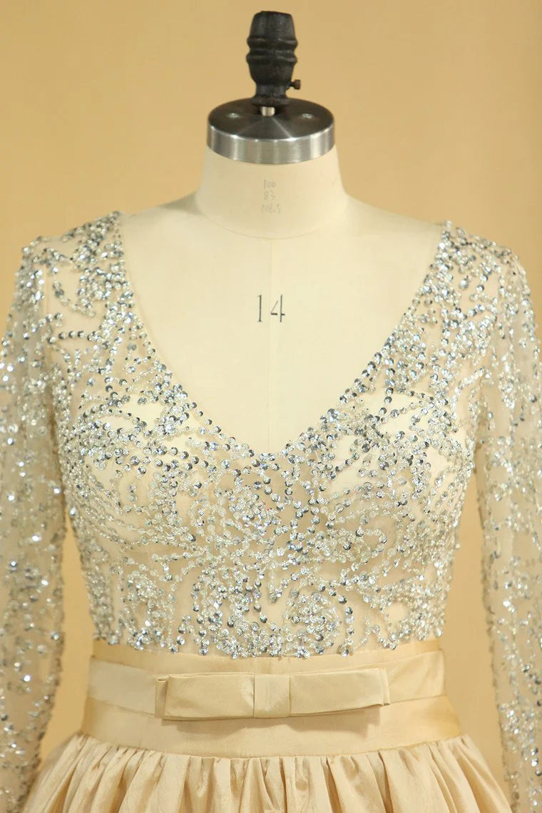 Party Dresses V Neck Long Sleeves A Line Taffeta With Beading Floor-Length